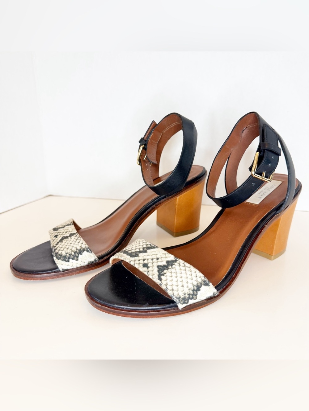 Cole Haan Black Ankle Strap Block Heels with Snake-Print Toe
